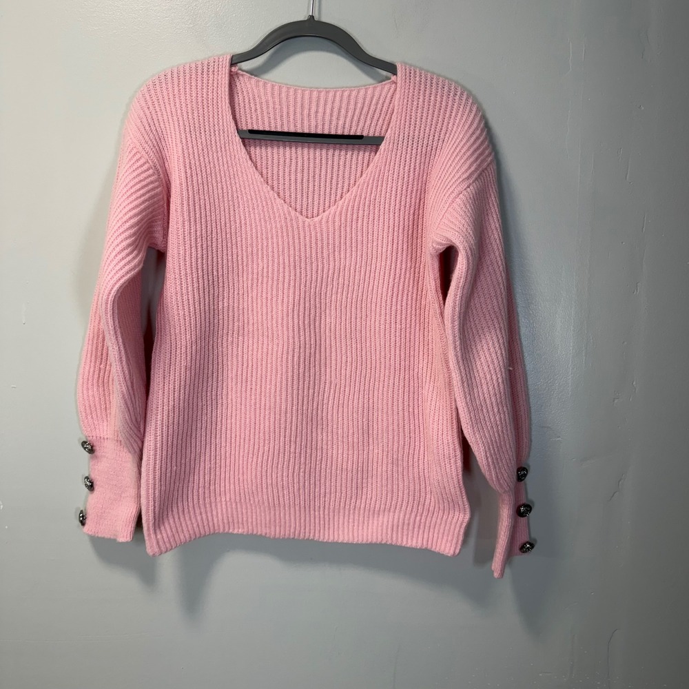 Pink Ribbed V-Neck Sweater Long Sleeve Silver Button Cuff Small